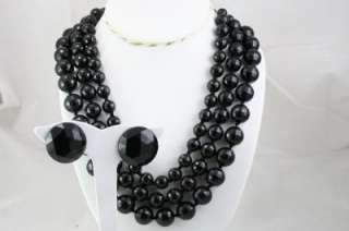   Lot Black Plastic Faceted Bead Costume Jewelry Bib Necklace & Earrings