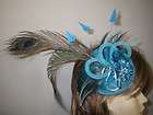 Handmade Fascinator   Teal Blue Peacock Feather and Flower Race Hat
