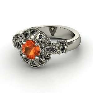   Ring, Round Fire Opal Palladium Ring with Black Diamond: Jewelry