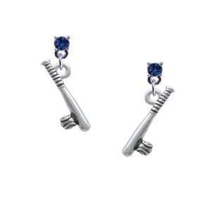  Silver Bat and Ball Sapphire Swarovski Post Charm Earrings 