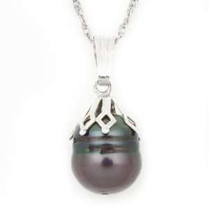   9mm, Circled Black Pearl Drop Pendant with Sterling Silver Ornate Cap