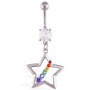    Navel ring with dangling hollow star and rainbow gems Jewelry