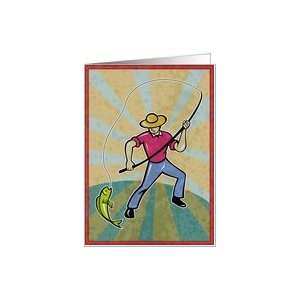 Greeting card featuring Fisherman catching fish with fishing rod retro 