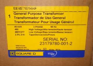 SQUARE D EE45T1814HF 45 kVa GENERAL PURPOSE TRANSFORMER, NIB  