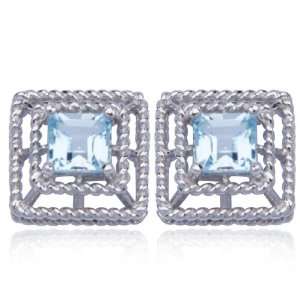  Sterling Silver Blue Topaz Square Post Earrings: Jewelry