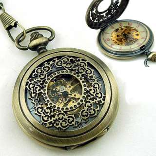 Mens Archaize Engraved Skull Mechanical Pocket Watch US  