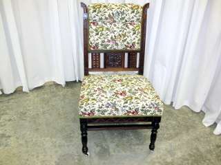Antique 1800 Floral Upholstered Side Chair On Casters  