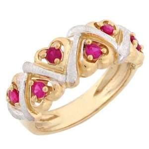  10k Solid Two Tone Gold Heart Synthetic Ruby Band Ring 