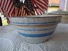 SMALL VINTAGE ANTIQUE STONEWARE CROCK MIXING BOWL W/ 5 BLUE BANDS