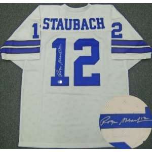 Roger Staubach Signed Cowboys White Jersey:  Sports 