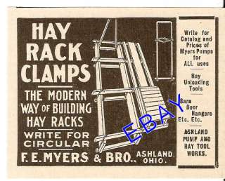 RARE 1907 MYERS HAY RACK CLAMP AD TOOL BARN ASHLAND OH  