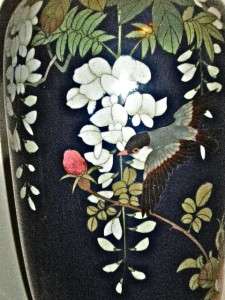 LG ANTIQUE JAPANESE WIRELESS CLOISONNE VASE LAMP MEIJI WISTERIA BIRD 