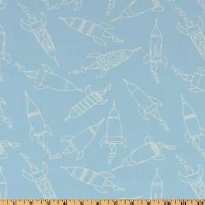  44 Wide Robots Linework Rockets Teal Fabric By The Yard 
