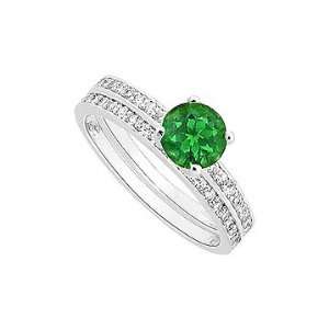 Emerald and Diamond Engagement Ring with Wedding Band Set : 14K White 