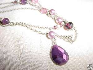   Silver tone Multi Strand Fashion Necklace with Shades of Purple Beads