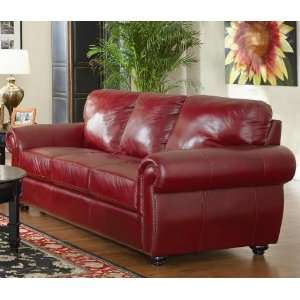Sofa Couch with Nail Head Trim in Deep Burgundy Leather