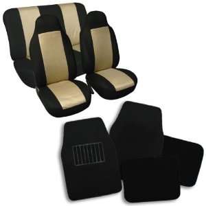   Combo Set Beige Classic Cloth Seat Covers and Black Carpet Floor Mats
