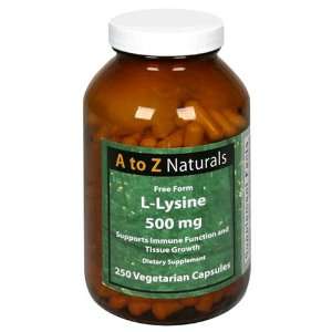 to Z Naturals L Lysine 500 mg, Free Form, Vegetarian Capsules , 250 