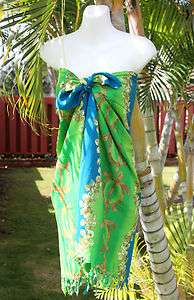 Sarong Green & Blue Hawaiian Turtles Pareo Beach Skirt Coverup Wrap 