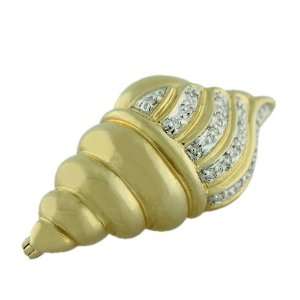  14K Yellow Gold Diamond Seashell Brooch Jewelry