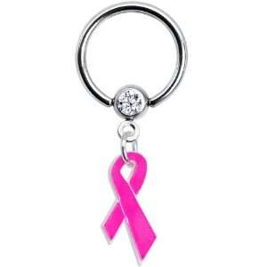  Breast Cancer Pink Ribbon Dangle Captive Ring: Jewelry