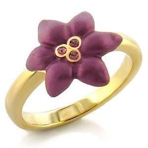 White Metal Gold Plated Ring with Amethyst CZ   Purple Flower   Size 