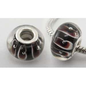 Glass Lampwork European Beads Fits Pandora Black with Purple/White 