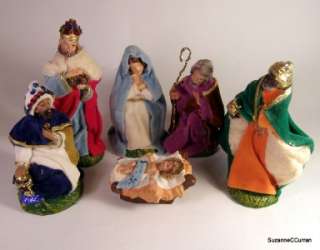 Unusual Vintage Paper Mache & Composition 6Pc Nativity Decorated with 