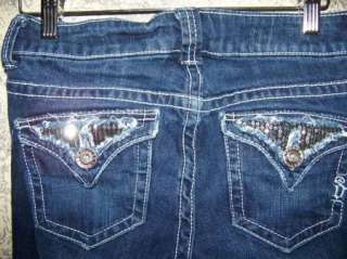 Womens junior size 1 boot cut low rise jeans dark washed embellished 