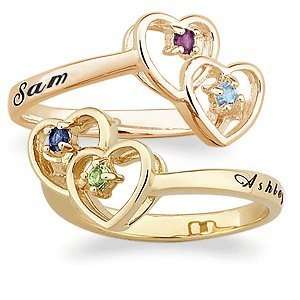  Couples Birthstone Twin Heart Name Ring   Personalized 