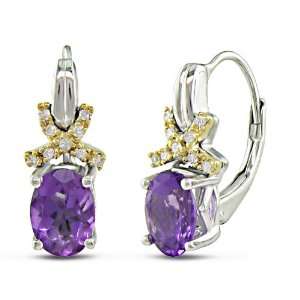  10k Yellow Gold and Silver Amethyst and Diamond Leverback 