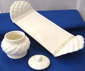 AVON CHINA VANITY SET CREAM QUILTED FAUX PEARLS DELICATE  