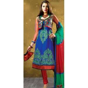 Royal Blue and Red Designer Salwar Suit with Crewel Embroidery and 