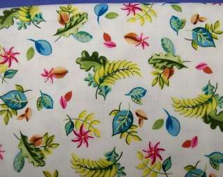 White w/ Green Blue Pink Brown Leaves Fabric Phyllis Hoffman  