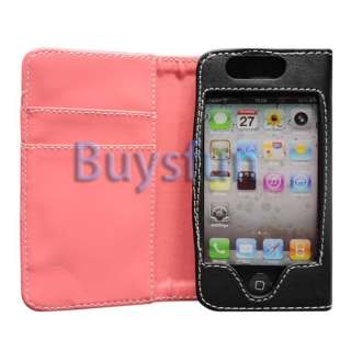   LEATHER CASE FLIP COVER POUCH SKIN FOR IPHONE 4 4G BLACK AND PINK