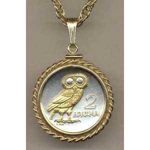 Greek 2 Drachma ÒOwlÓ Two Tone Gold Filled Rope Bezel Coin on 18 