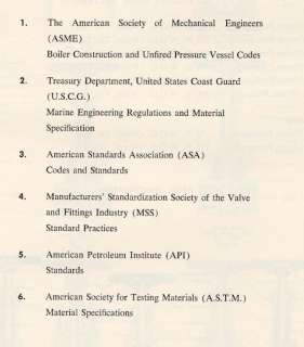 codes standards and specifications for the following list of 