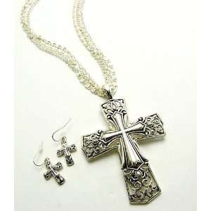  Roman Antique Design Cross Charm Necklace and Earrings 