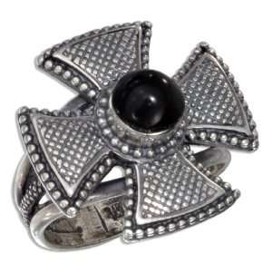   Textured Iron Cross Ring with Round Jet Stone (size 05). Jewelry
