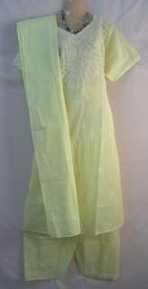 Lemon Yellow Lucknowi Pure Cotton Salwar Kameez Embroid  