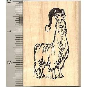  Santa Hat Wearing Christmas Llama Rubber Stamp   Wood 