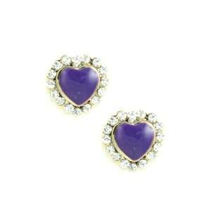   Crystal Pave Brim Gold Tone Purple Resin Heart Stud Earrings Jewelry