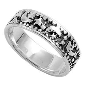  Sterling Silver Ring   Moon and Star   8mm Band Width 