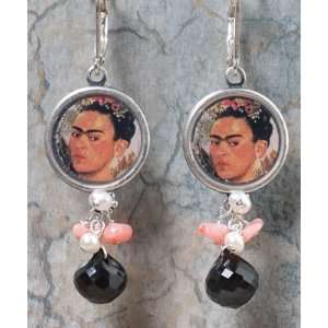  Silver Frida Kahlo Portrait Earrings with Onyx, Coral and 