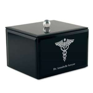 Personalized Black Glass Keepsake Box with Medical Caduceus for 