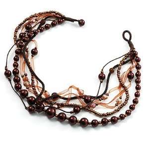  7 Tier Pearl & Dark Brown Sparkle Cord Necklace Jewelry