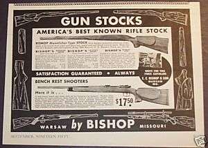 1950 GUN STOCKS BY BISHOP..RIFLE WARSAW MISSOURI AD ART  