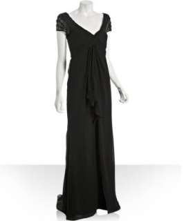 Badgley Mischka Platinum Label black georgette beaded cap sleeve dress 