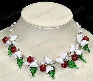   fruit WHITE murano GLASS BEAD NECKLACE vintage beads bird&leaf  