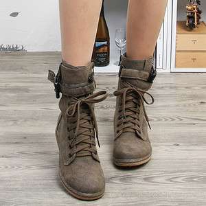 Womens Brown Lace Up Buckle Belts Combat Boots US 6~8  